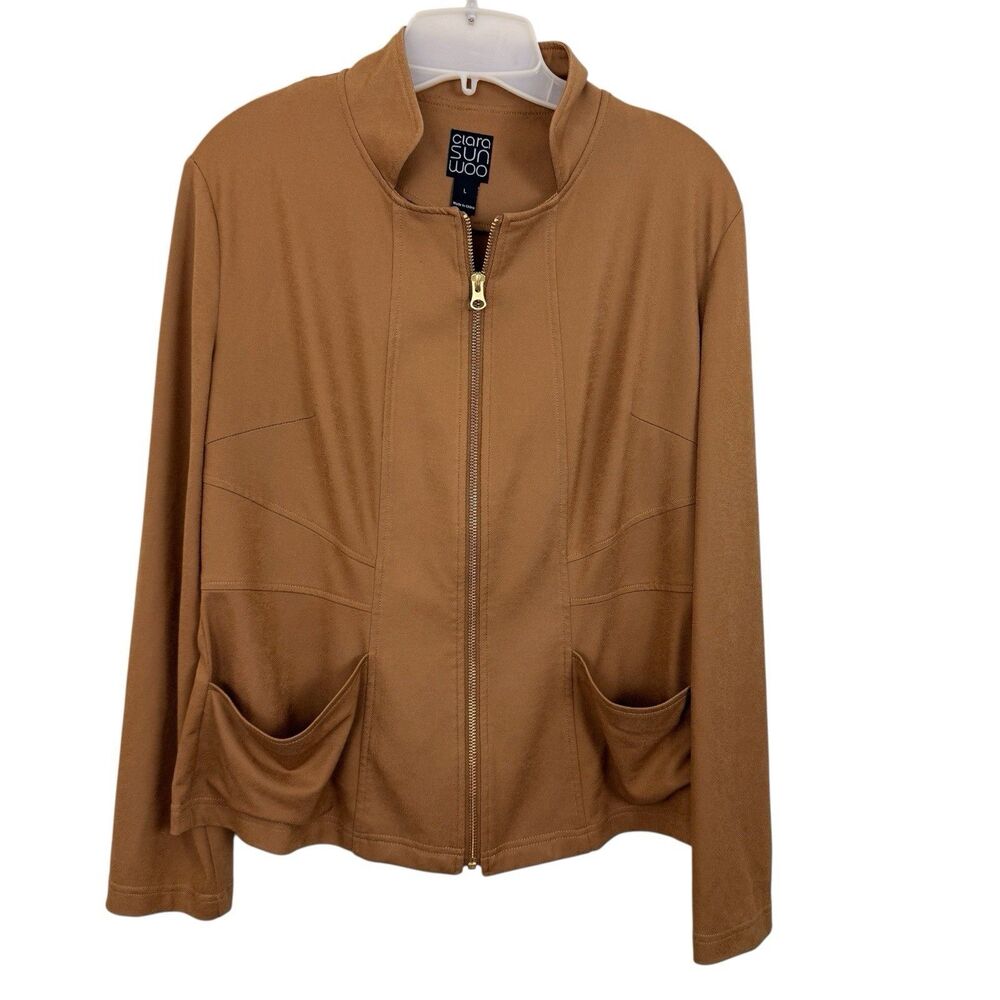 Clara Sun Woo Jacket Faux Suede Women Sz L Brown Zip Front Stand Up Collar